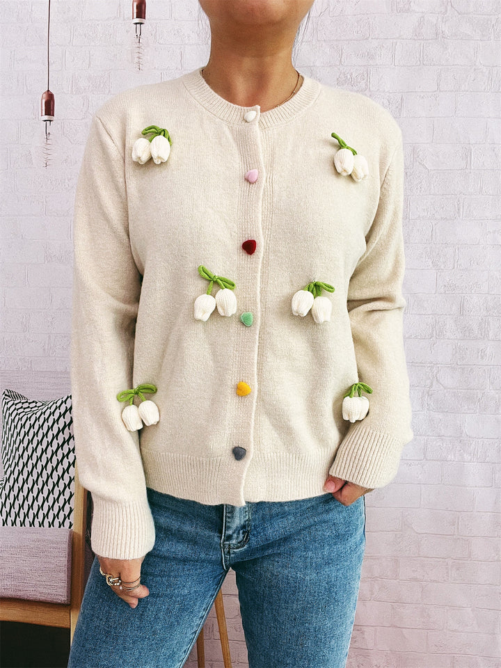 Damen Strickjacke mit fröhlichen Blumenapplikationen Drune