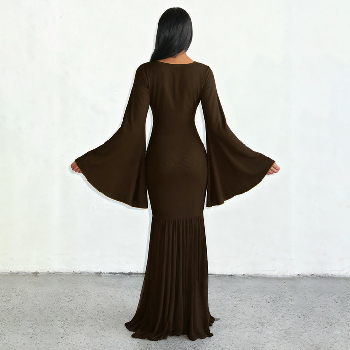 Damen nan gerafftes Maxikleid mit V-Ausschnitt, Trompetenärmeln und Stufenrüsche Drune
