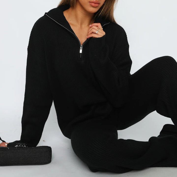 Damen Geripptes Strick-Lounge-Set mit halbem Reißverschluss und weiter Palazzohose Drune