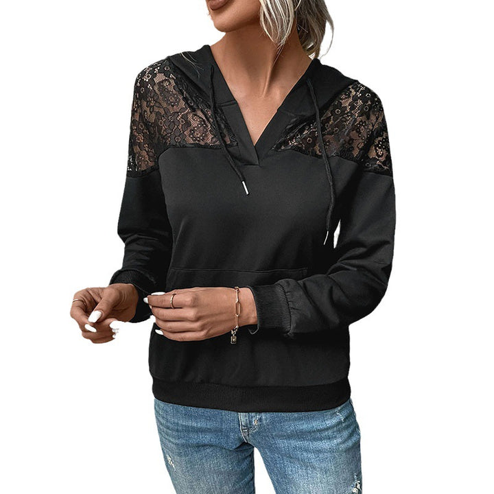 Damen Kapuzenpullover mit Spitzen‑Einsatz und V‑Ausschnitt Drune