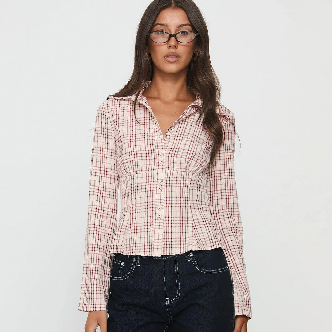 Damen Taillierte karierte Blusejacke mit Korsagennaht und durchgehender Knopfleiste Drune