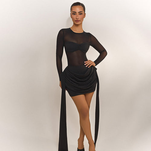 Damen Wickelkleid mit transparenten Ärmeln und eleganter Raffung Drune