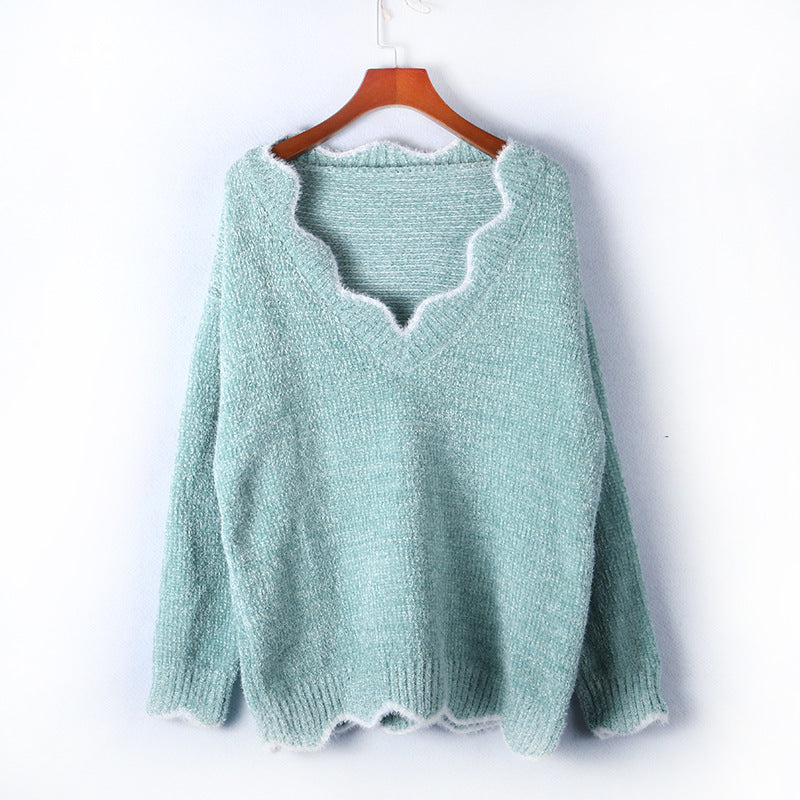 Damen lässiger Strickpullover mit weitem V-Ausschnitt und asymmetrischem Saum Drune