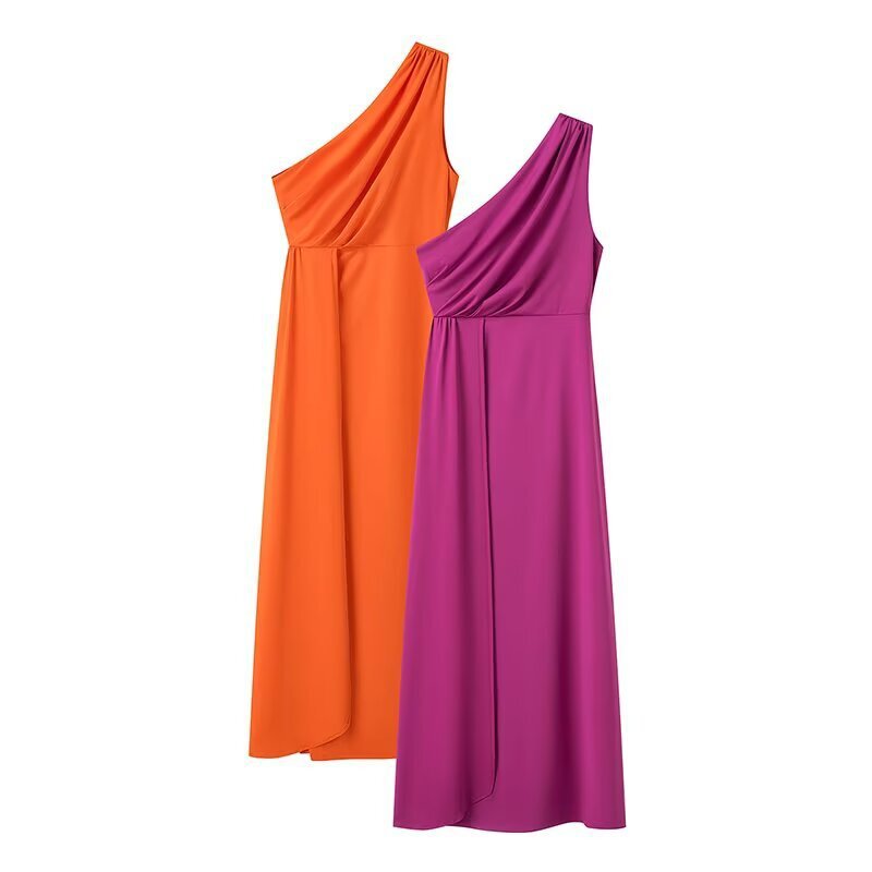 Damen Maxikleid mit asymmetrischem Ärmeldesign und eleganter Drapierung Drune