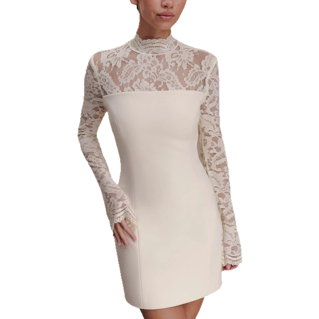 Damen Elegantes Minikleid mit Spitzenoberteil und hochgeschlossenem Kragen Drune