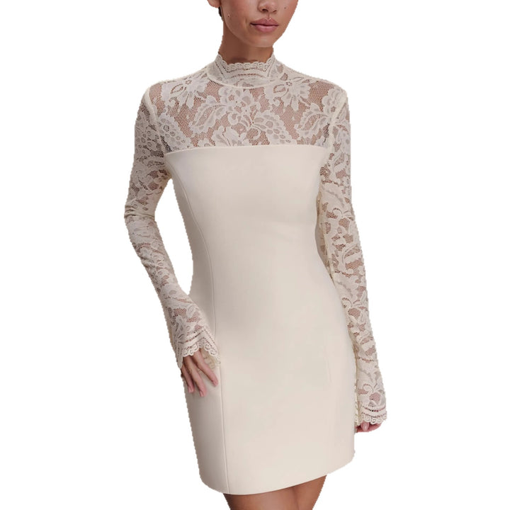 Damen Elegantes Minikleid mit Spitzenoberteil und hochgeschlossenem Kragen Drune