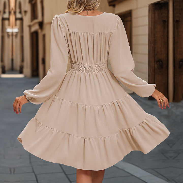 Damen Langarmkleid mit V-Ausschnitt und Rüschen Drune