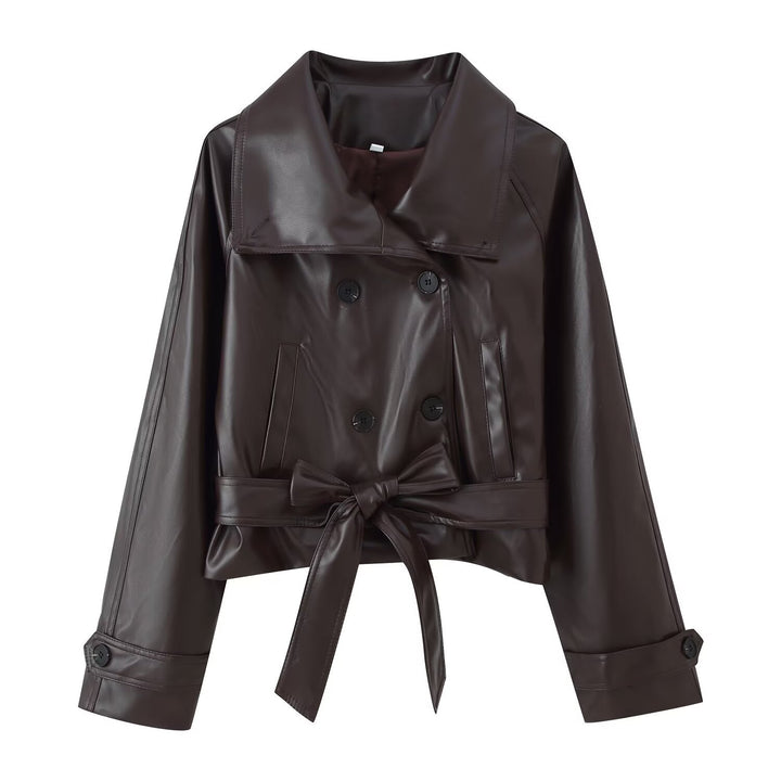 Damen 100+ Cropped Kunstleder-Trenchblouson mit doppelreihiger Knopfleiste und Taillengürtel Drune