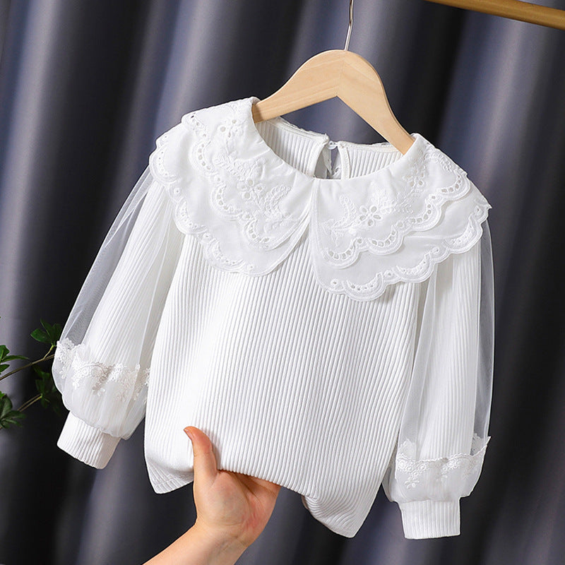 Mädchen modische Bluse mit elegantem Spitzenkragen und Tüllärmeln Drune