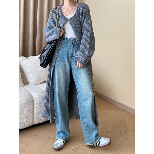 Damen langer Strickmantel mit strukturiertem Muster Drune