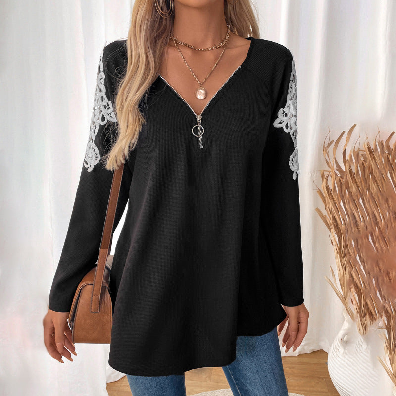 Damen Lässiges Longsleeve-Tunika-Shirt mit V‑Reißverschluss und Spitzenapplikation Drune