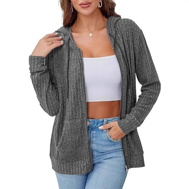 Damen Strick-Kapuzenjacke mit Reißverschluss, Waffelstruktur und Eingrifftaschen Drune