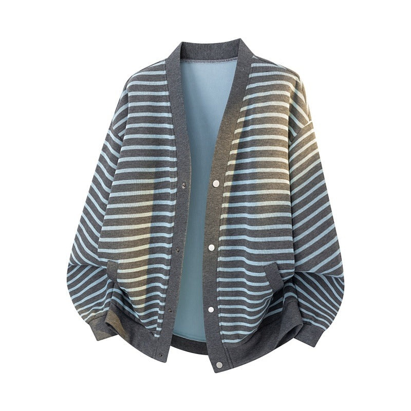 Damen Oversize-Streifencardigan mit Druckknopfleiste, Eingrifftaschen & Raglanärmeln Drune