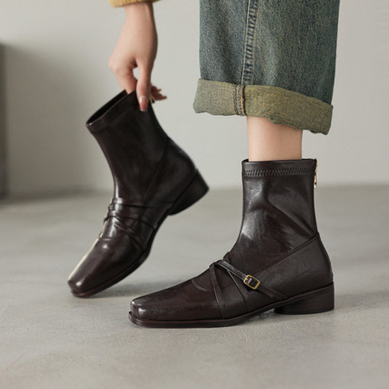 Damen Elegante Stiefeletten aus Leder mit modischem Riemen Drune