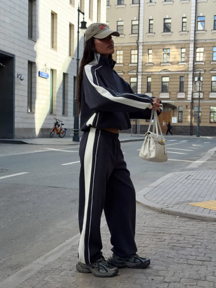 Damen Oversize-Trackset mit Reißverschlussjacke, weitem Jogger und Kontrastseitenstreifen Drune