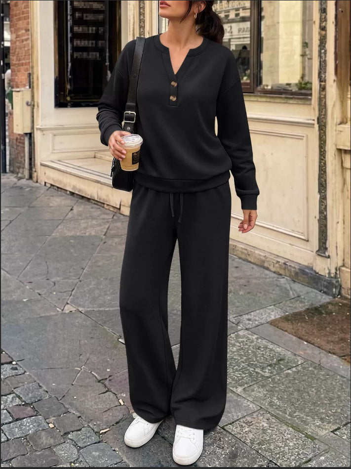 Damen Lounge-Set mit Henley-Kragen und palazzoweiter Jogginghose Drune