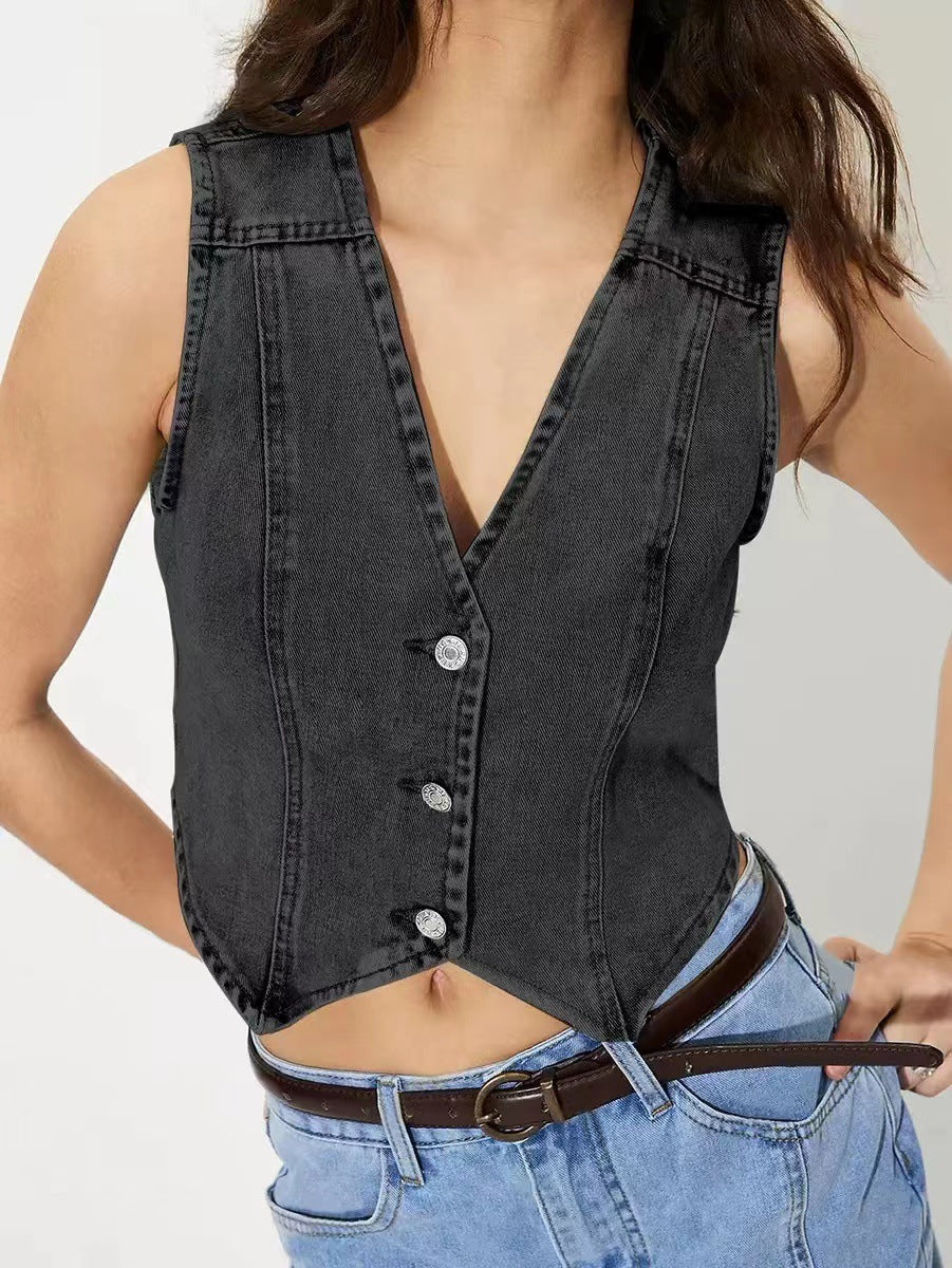 Damen taillierte ärmellose Jeansweste mit V-Ausschnitt Drune