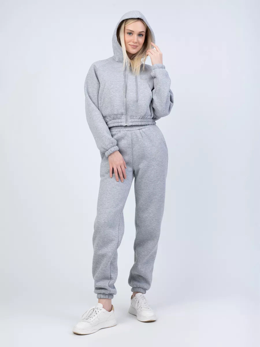 Damen Gekürztes Zip‑Hoodie mit elastischer High‑Waist Jogginghose Drune
