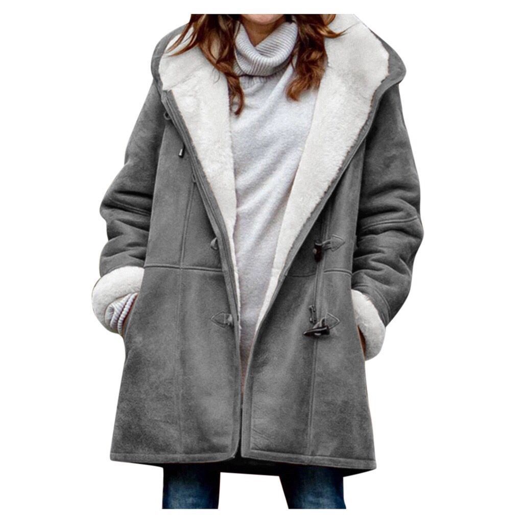 Damen Kapuzen-Dufflecoat mit Kunstfellbesatz und KnDruneelverschlüssen Drune