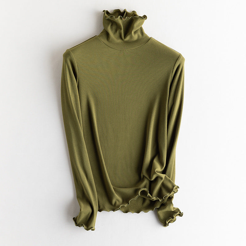 Damen Feines Ripp-Langarmshirt mit Rollkragen und Volantkanten Drune