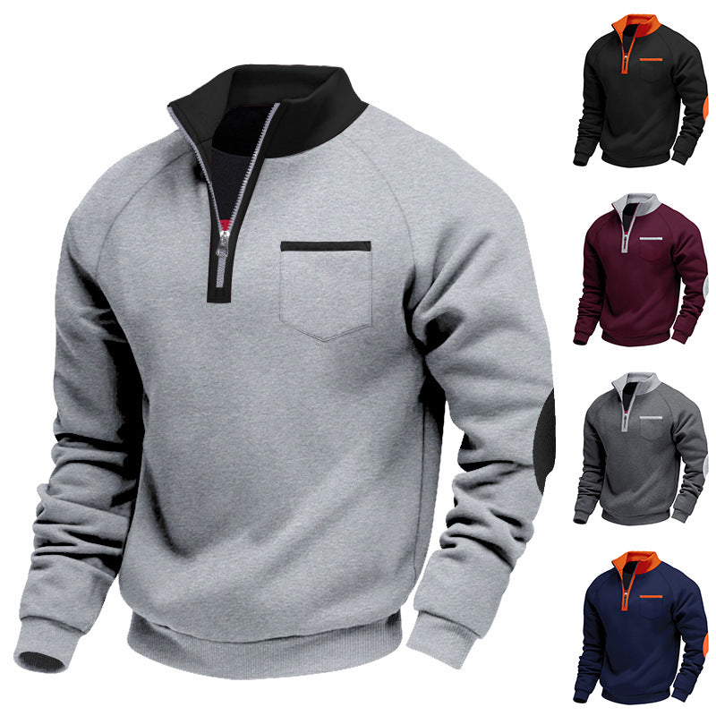 Herren Raglan-Halbzip-Sweatshirt mit Stehkragen, Brusttasche & Ellbogenapplikation Drune