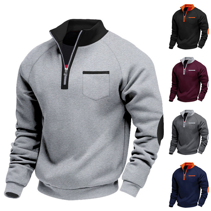 Herren Raglan-Halbzip-Sweatshirt mit Stehkragen, Brusttasche & Ellbogenapplikation Drune
