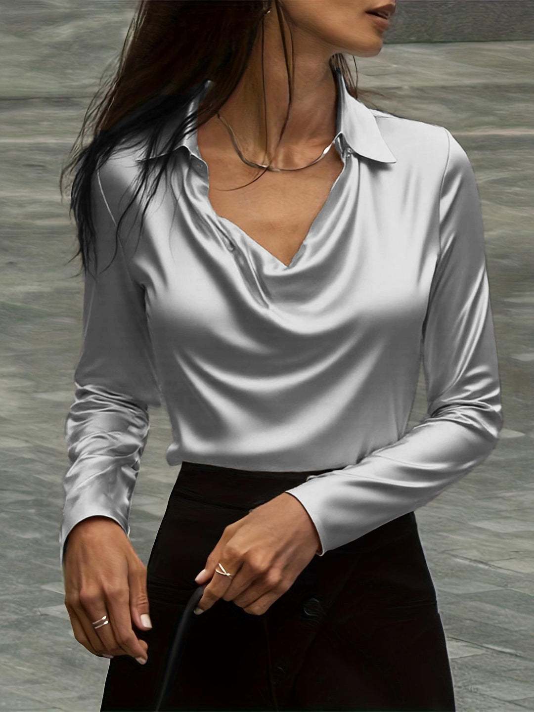 Damen Satinbluse mit Wasserfallkragen und Hemdkragen Drune