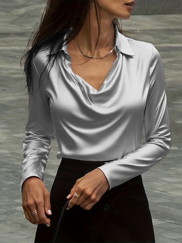 Damen Satinbluse mit Wasserfallkragen und Hemdkragen Drune