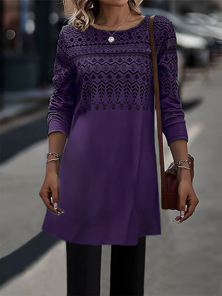 Frauen Longline Tunika Kleid mit Ethno Druck und Rundhalsausschnitt Drune