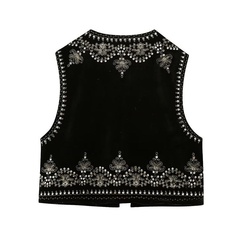 Damen Bestickte Samt-Cropped-Weste mit Perlen- und Paillettenbesatz Drune