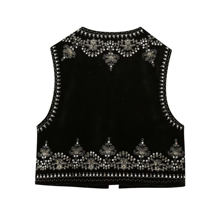 Damen Bestickte Samt-Cropped-Weste mit Perlen- und Paillettenbesatz Drune