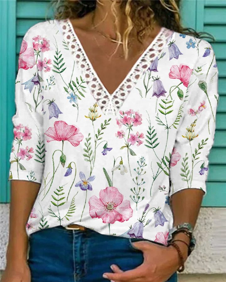 Damenbluse mit V-Ausschnitt und Spitzenbesatz, 3/4-Ärmel, Blumenmuster und lockerer Schnitt Drune