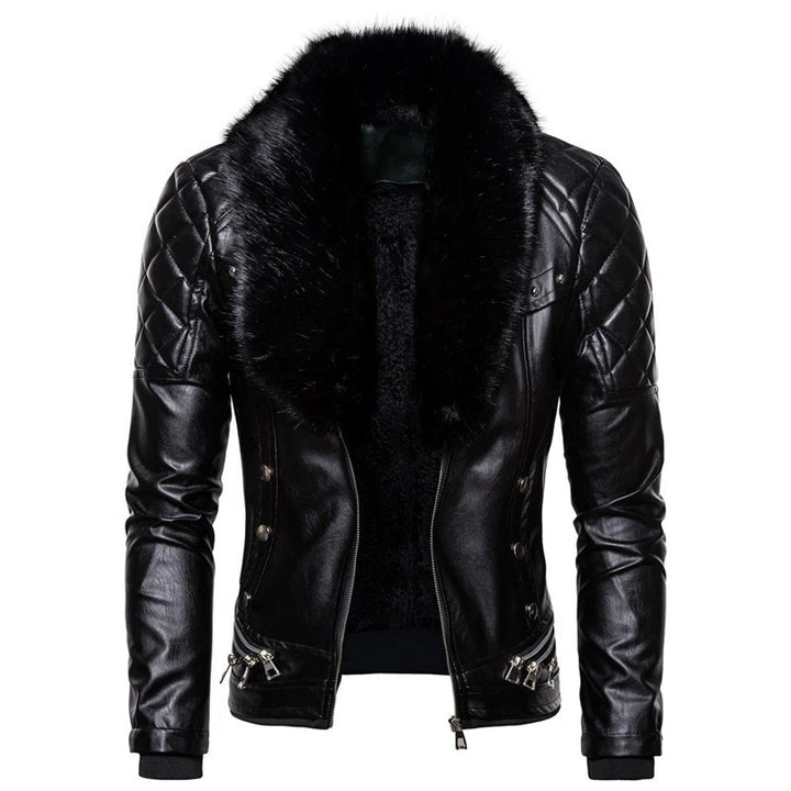 Herren stylische Kunstlederjacke mit Plüschkragen Drune