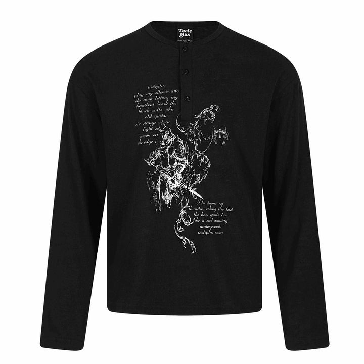 Unisex Langärmeliges Henley-Shirt mit knöpfbarer Brustleiste und Vintage-Illustrationsprint Drune
