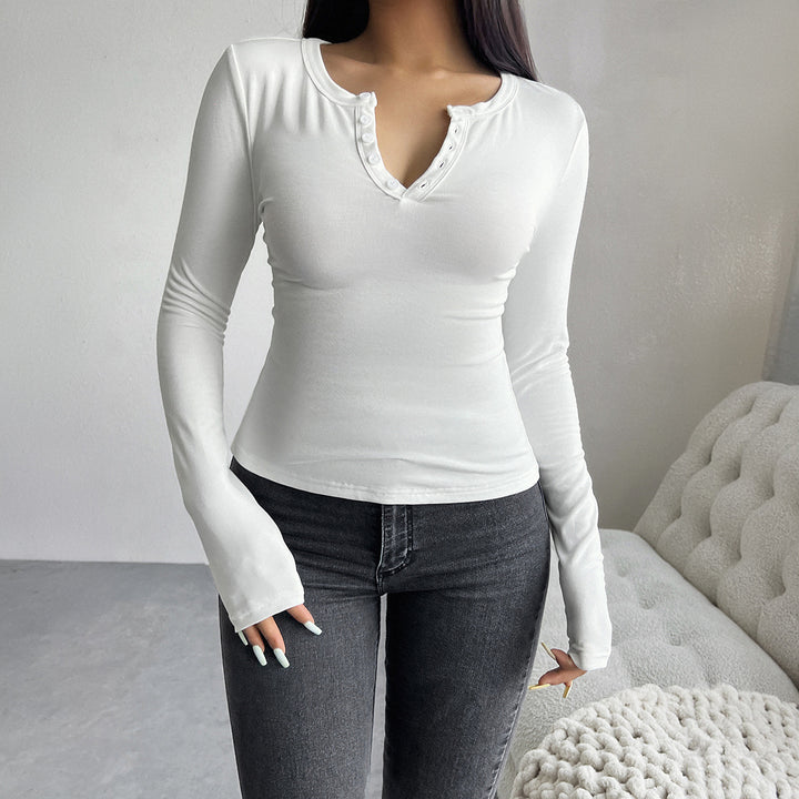 Damen nan tailliertes Henley-Longsleeve mit Stretchjersey und Daumenloch Drune