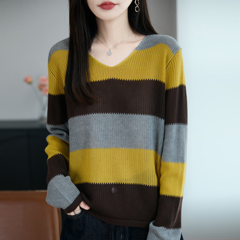 Damen Leichter V-Ausschnitt Feinstrickpullover mit breiten Blockstreifen und entspannter Passform Drune