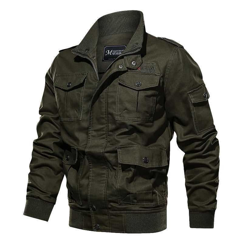 Herren Militärinspirierte Canvas‑Fieldjacke mit Epauletten, Mehrfach‑Taschen und geripptem Bund Drune