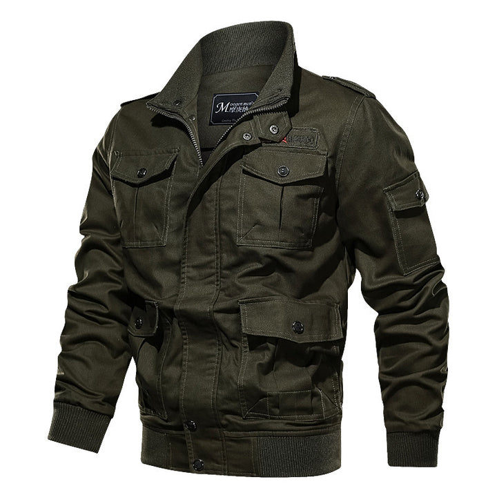 Herren Militärinspirierte Canvas‑Fieldjacke mit Epauletten, Mehrfach‑Taschen und geripptem Bund Drune