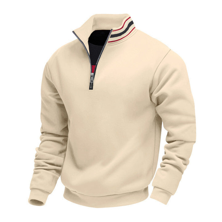 Herren nan Stehkragen-Halbzip-Sweatshirt aus Baumwollfleece mit Kontraststreifen am Kragen und gerippten Bündchen Drune