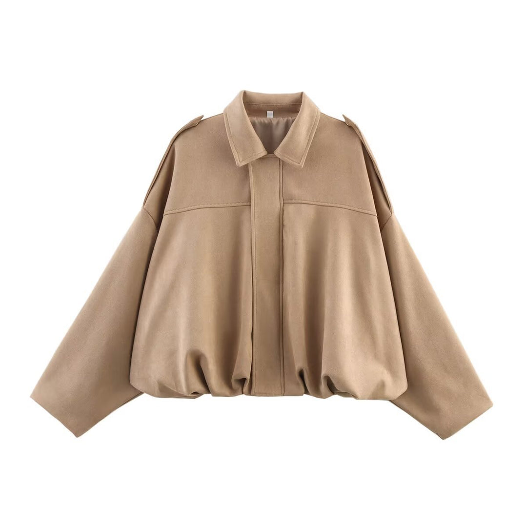 Damen nan Oversize-Kurzjacke mit Ballon-Saum, Schulterpatten und verdeckter Frontleiste Drune