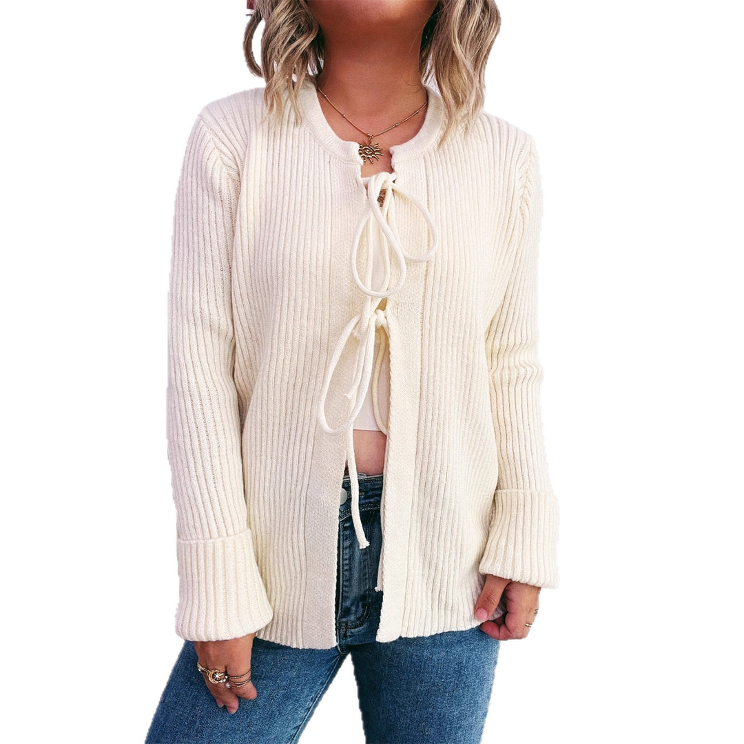 Damen modische Strickjacke mit raffiniertem Kordelzug und breiten Ärmeln Drune
