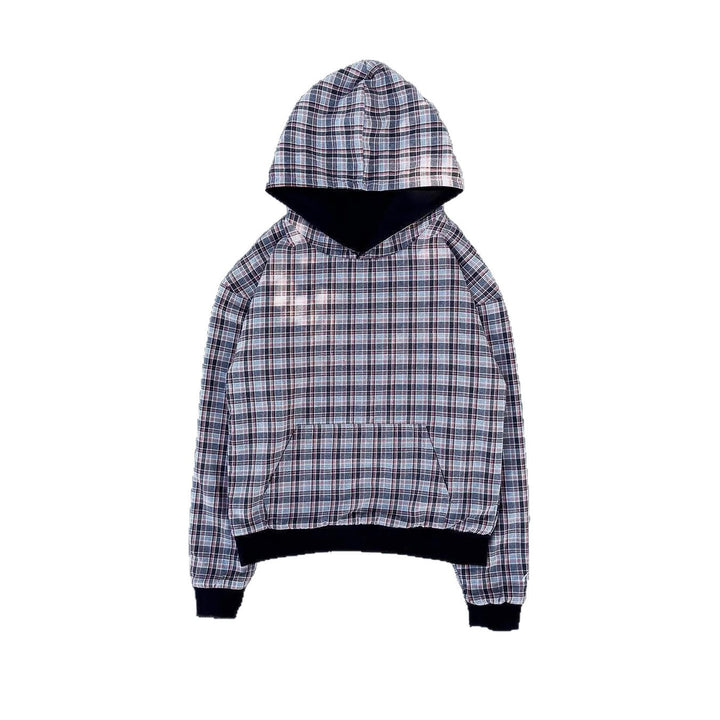 Damen nan kurz geschnittenes Kapuzensweatshirt mit kariertem Flanellfutter und Kängurutasche Drune