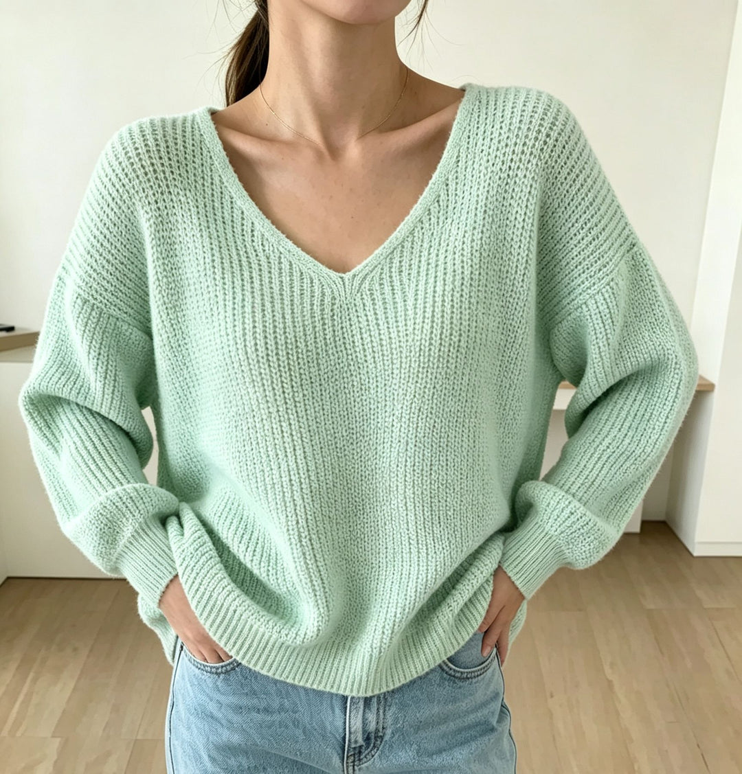 Damen Lässiger Boxy-Grobstrickpullover mit V-Ausschnitt und gerippten Bündchen Drune
