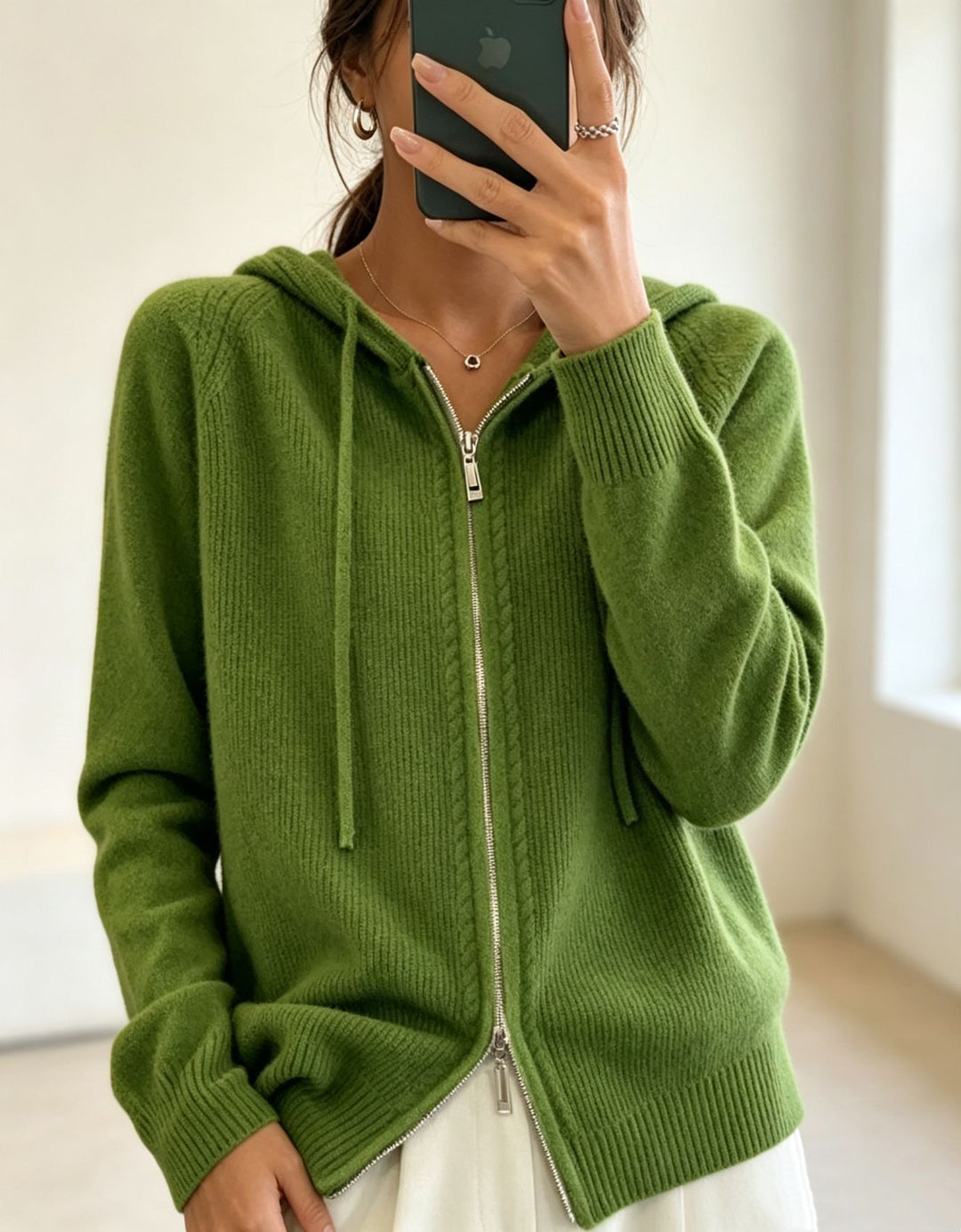 Damen Kapuzen-Cardigan mit Reißverschluss, feinem Feinstrick und gerippten Bündchen Drune