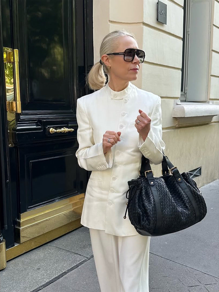 Damen taillierter langer Blazer mit Stehkragen, kastiger Schulter und verdeckter Knopfleiste Drune