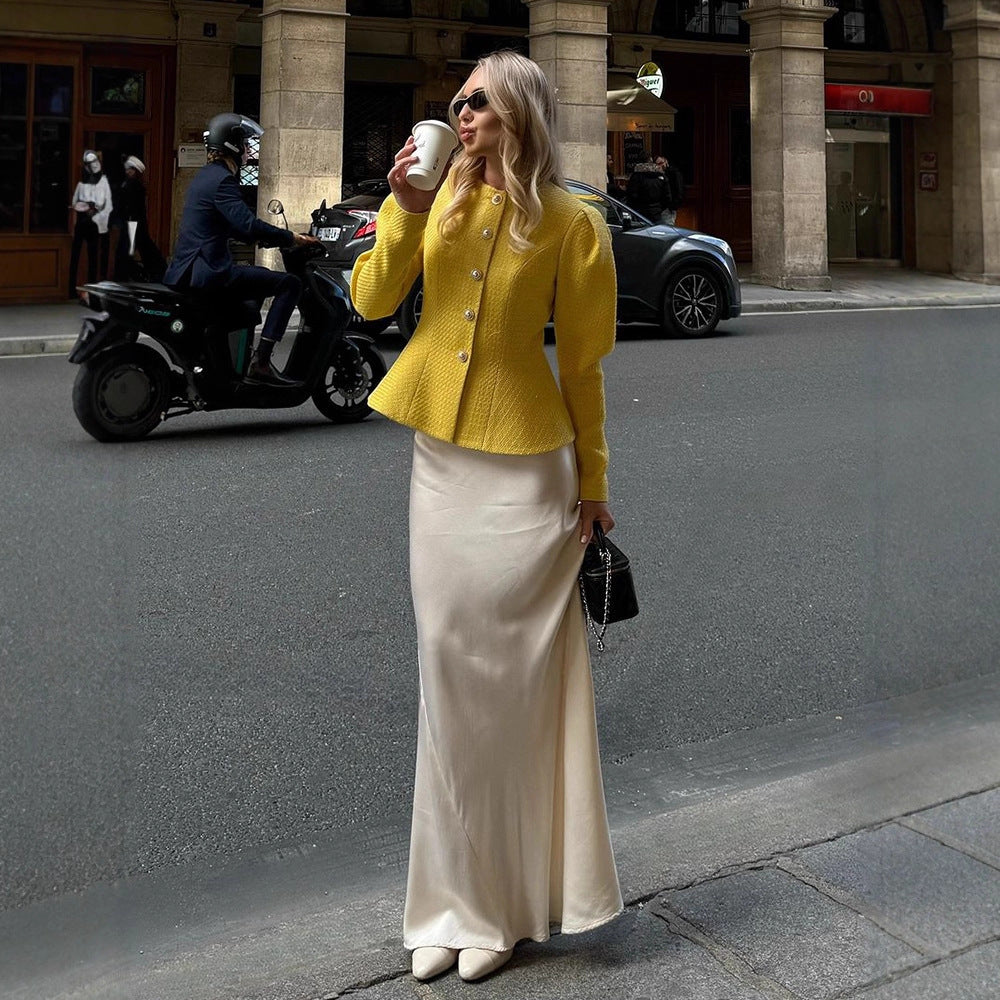 Damen Taillierter Bouclé-Peplum-Blazer mit Zierknöpfen Drune
