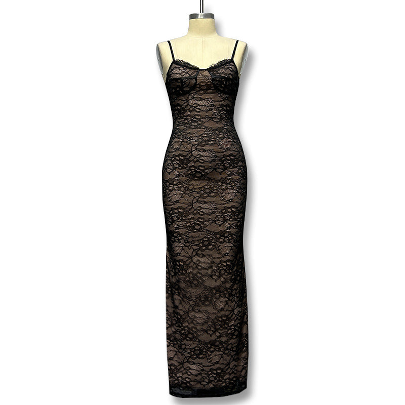 Damen Elegantes Spitzenmaxikleid mit tiefem Ausschnitt und enganliegender Silhouette Drune