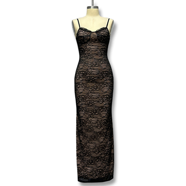Damen Elegantes Spitzenmaxikleid mit tiefem Ausschnitt und enganliegender Silhouette Drune