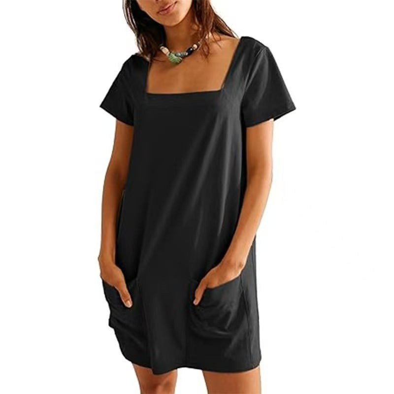 Damen Lockeres Sommerkleid mit Quadrat-Ausschnitt und praktischen Taschen Drune