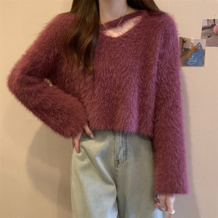 Damen Flauschiger Pulli mit lässigem Schnitt und tiefem V-Ausschnitt Drune